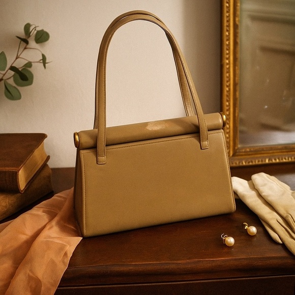 Vintage Judith Leiber for Bonwit Teller Double-Gusset Frame Bag — Taupe Leather - Picture 1 of 16
